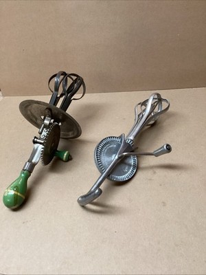 2 Uncommon Vintage Hand Crank Egg Beater Type Mixers Uliman Aluminum & Lid Lot