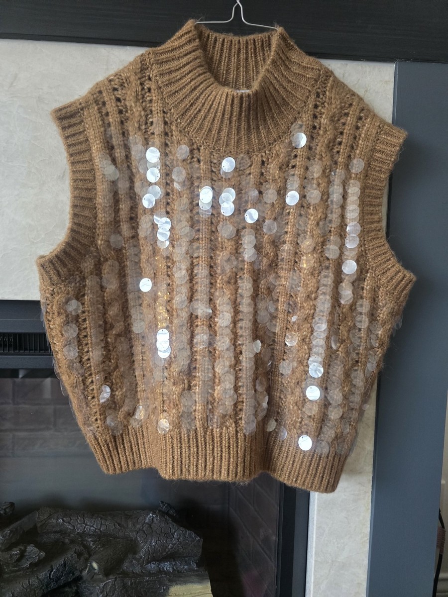 NWT ZARA Knit Sequin Collared Sweater Vest Caramel Size M | eBay