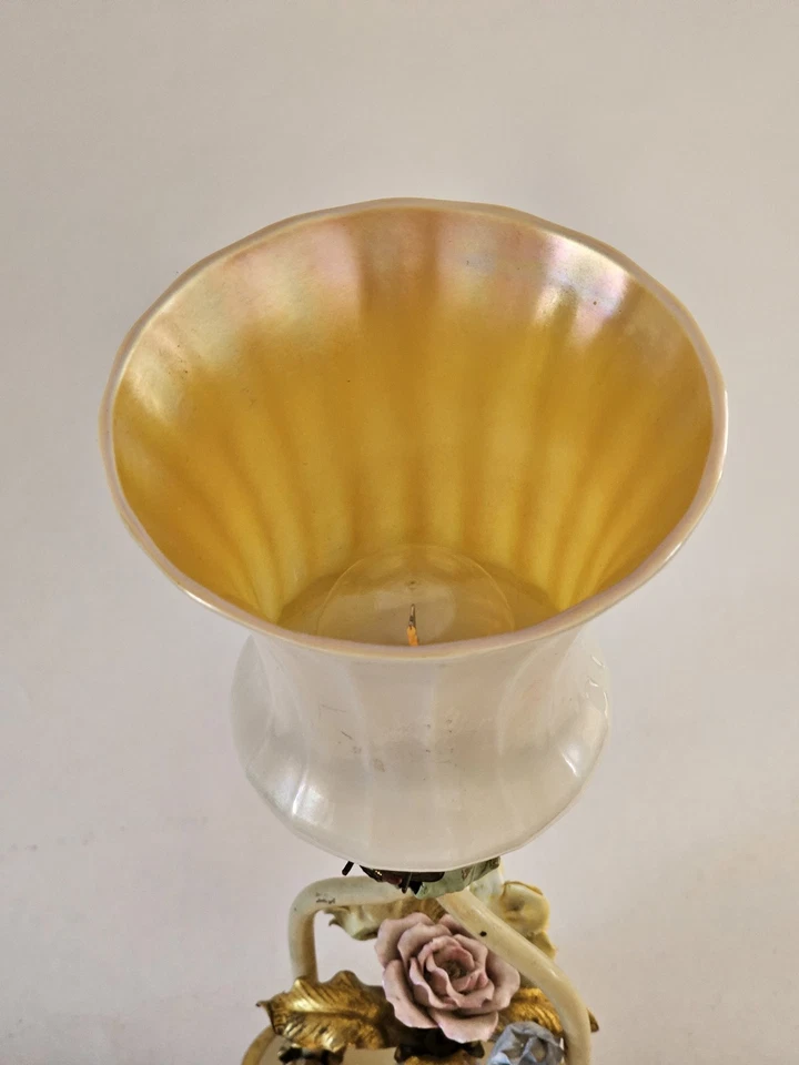Antique 1940's Steuben Aurene Iridescent Lamp With Italian Enameled Floral Base - Image 4 of 4