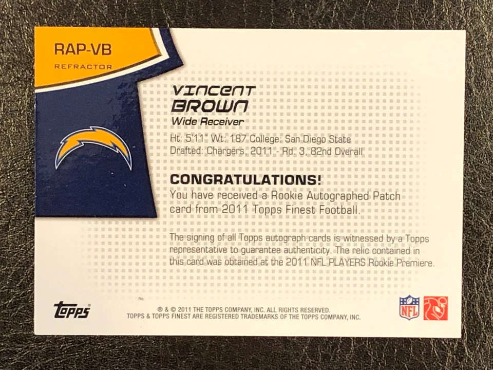 2011 Topps Finest Refractor Vincent Brown #RAP-VB AUTO PATCH Worn RC 22/75 Mint  - Image 2 of 2