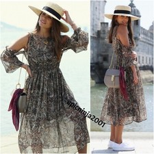 ZARA PRINTED MIDI DRESS WITH CUT-OUT SHOULDER DETAIL SIZE S
