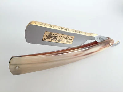 TIMOR Solingen Rasiermesser Gold 6/8 Carbonstahl HELLES HORN GOLDÄTZUNG Germany
