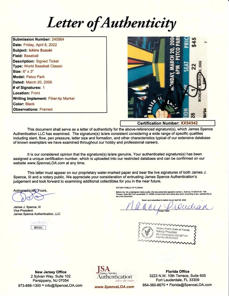 Ichiro Suzuki signed 2006 World Baseball Classic Final ticket framed Japan (JSA) - Image 2 of 2
