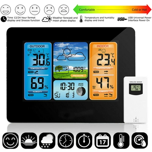 Wetterstation Funk mit Innen-Außensensor Digital Farbdisplay Thermometer Wecker - Bild 1 von 15