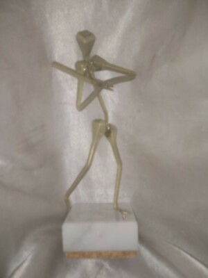 METAL NAIL ART STICK FIGURE PLAYING BASEBALL GOLD TONE ON MARBLE BASE SMALL