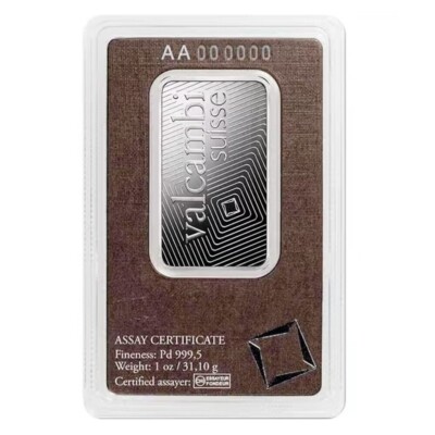 1 oz Palladium Bar - Valcambi Suisse - 999.5 Fine Palladium - In