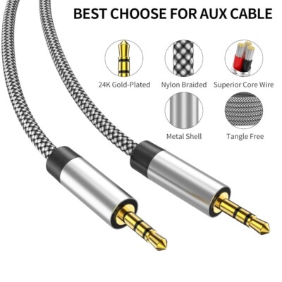 3FT Nylon Audio Cable 3.5mm Male to Male for Car, Headphones, Speakers & More