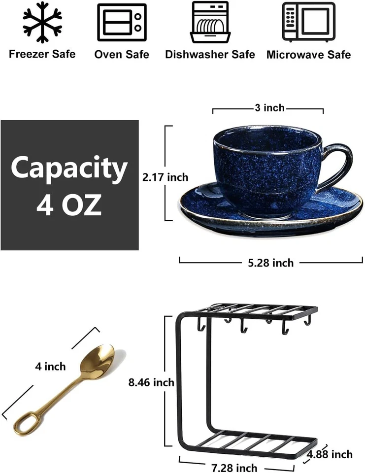 Juego de tazas de café espresso de cerámica tazas de café espresso de porcelana de 4 oz con platillos Foto 4 de 4