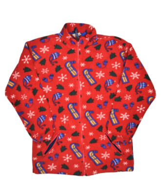 Vintage LL Bean Jacket Kids L Red Christmas Fleece Full Zip Sweatshirt