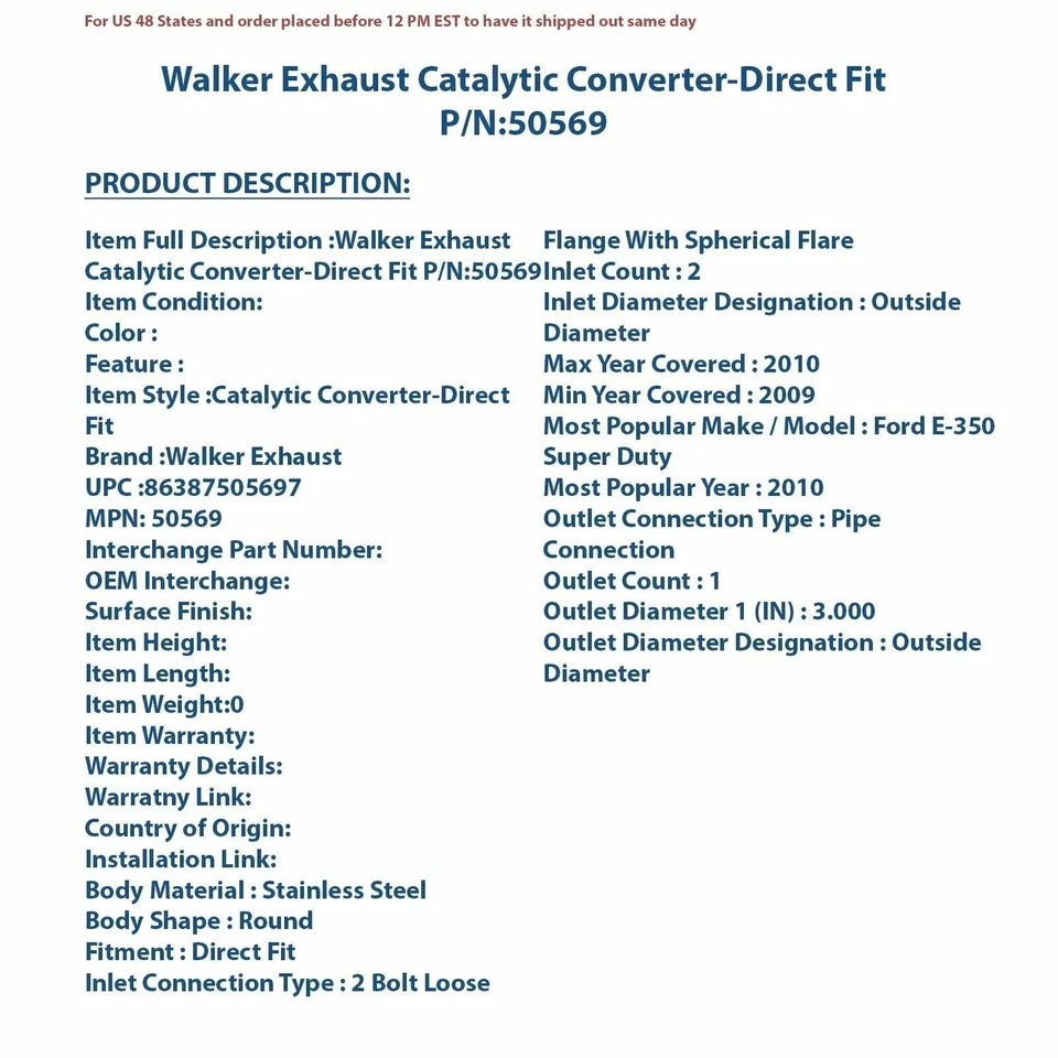 Convertidor catalítico de escape Walker - ajuste directo 50569 Foto 4 de 4
