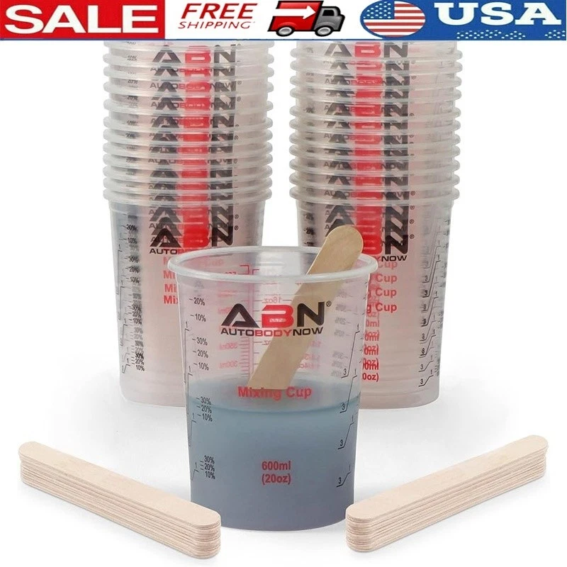 20oz Clear Plastic Mixing Cups Set 50 Disposable Measuring Cups W/ Mixing Sticks