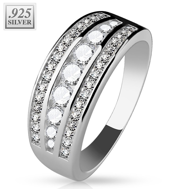Sterling Silver Tapered Fashion Ring Channel set Clear Stones Size 6