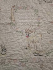 Vintage Hand Embroidered Cotton Baby Quilt Blanket Playful Animals 35"x52"