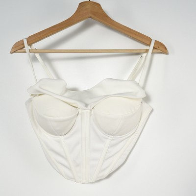 Women s S Cream Spaghetti Strap Cropped Corset Sexy Zip Up Back Built In Bra Top