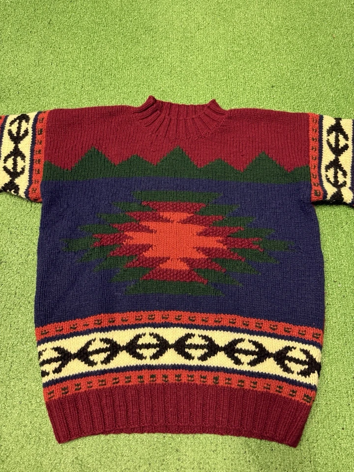 Vintage 90s Marsh Landing Hand Knit Wool Sweater Size Medium Aztec Crewneck VTG - Изображение 3 из 4