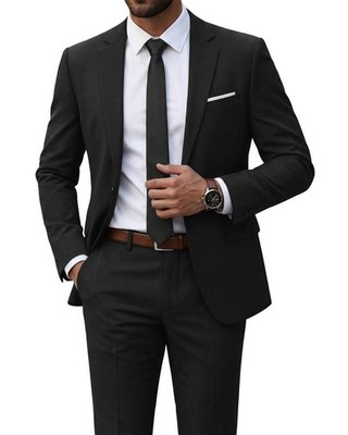 YND Men's 2 Piece Suit with Tie, One Button Slim Fit Solid Jacket and Pants Set