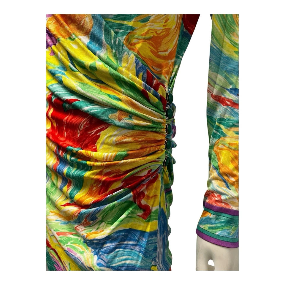 Vintage Leonard Paris Colorful Silk Jersey Ruched Dress M - Image 4 of 4