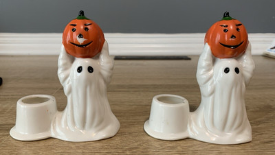 Vtg Midwest Ghost Pumpkin Candle Holder Halloween Jack O Lantern