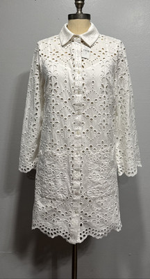 VERONICA BEARD Size 4 Off White Sumatra Eyelet Cotton Mini Shirtdress Cottage