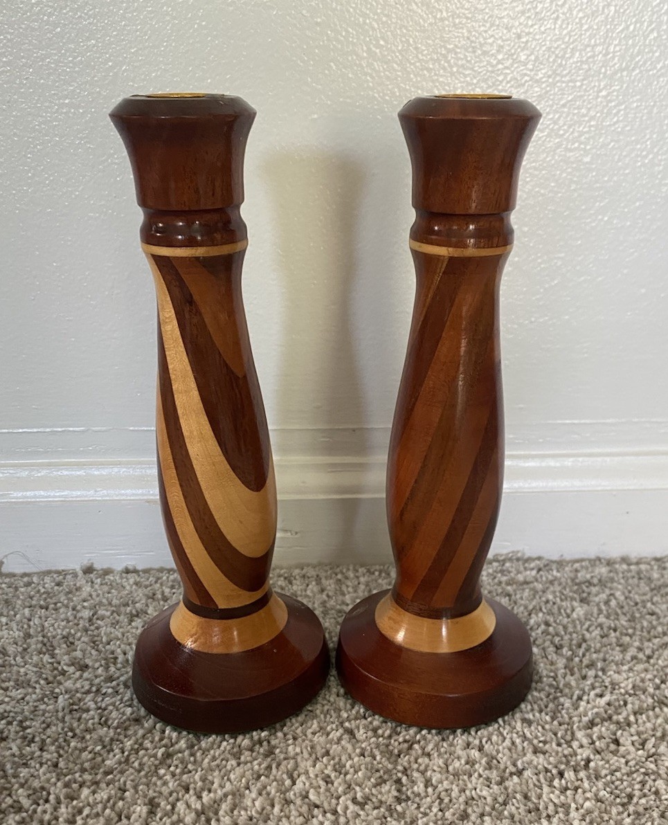 Pair of MCM turned wood candlestick holders with two-tone inlay
