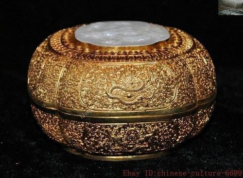 pure silver 24k gold Gilt hetian White jade Jewelry Trinket Box pot canister - Picture 6 of 10