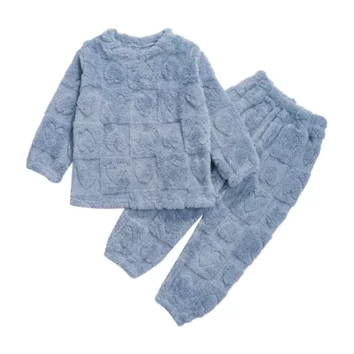 Kids Boys Girls Pajamas Set Solid Color Tops With Pants Round Neck Flannel Suit - Foto 18 di 72