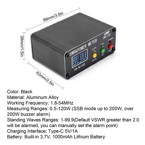 120W SWR Digital Power Standing Wave Meter 1.8-54MHz FM AM SSB Modes Power Meter - Afbeelding 7 van 11