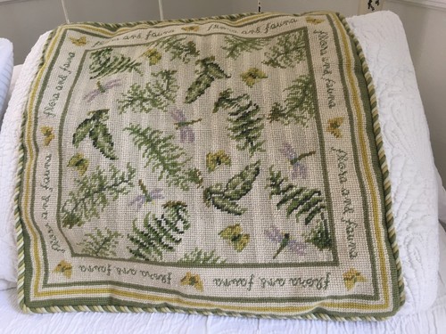Flora and Fern Green and Cream Needlepoint Pillow w/Zipper 17 1/2" x 18" - Picture 4 of 5