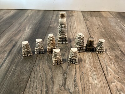 Lot Of 9 Marble Chess Piece Pawns Brown Stone Hand Carved Chessmen