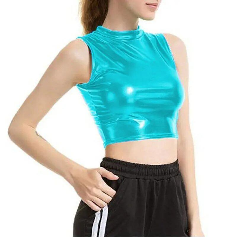 ALTRA Canotta donna sexy crop top smanicato high street spandex lucido metallizzato