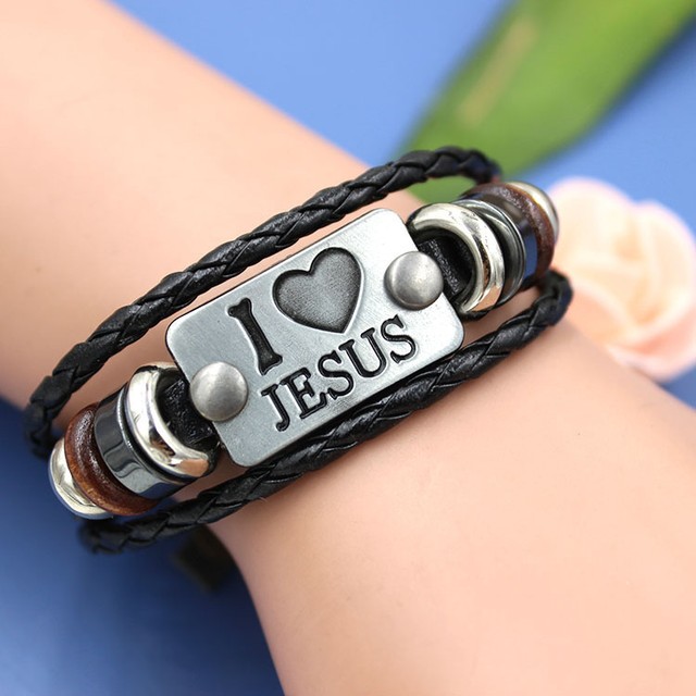 I Love Jesus Vintage Leather Wrap Wrist Band Rope Christian Bracelet