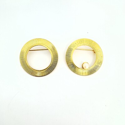 Pair Of 2 Vintage Gold Tone Ribbed Faux Pearl Open Circle Round Pin Brooch