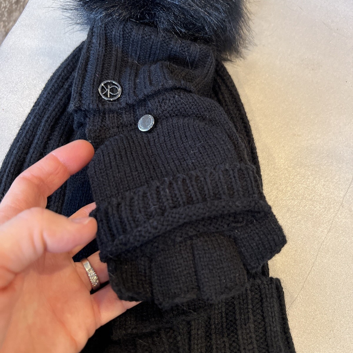 Calvin Klein Faux Fur Pom Hat and Flip Top Gloves Set Black 