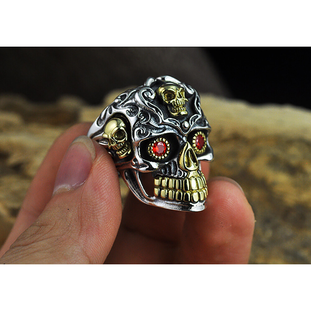 Genuine Men's Solid 925 Sterling Thai Silver Ring Skull Garnet Open Size 8 to 13