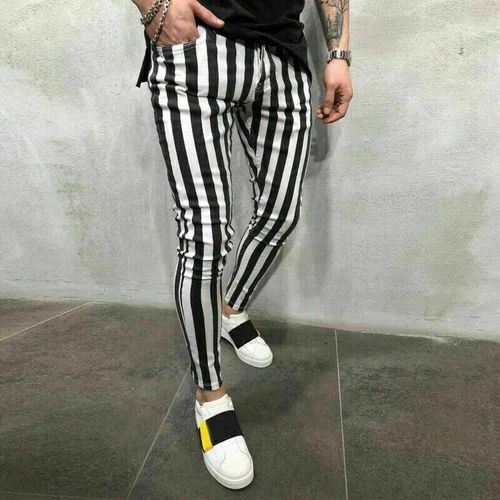 DE uomo a righe a quadri nero bianco pantaloni estivi slim tempo libero comodi pantaloni @ - Foto 9 di 15