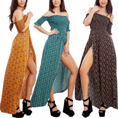 Damen Kleid Blumenkleid Schulterfrei Schlitz Asymmetrisch TOOCOOL VI-0102