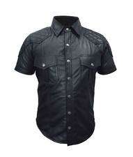 Mens Police Uniform Style Quilted Shirt Bikers Style Real Leather Shirt Hot BLUF
