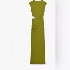 Zara Green Cutout Midi Dress Size L Bodycon Ruched Side Sleeveless