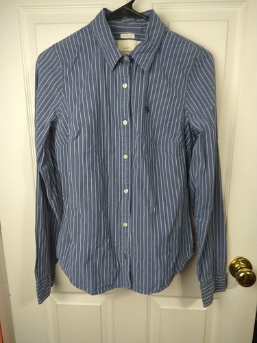 Abercrombie Fitch Woman L Short Collared Blue White Striped LS Pocket Stretch...