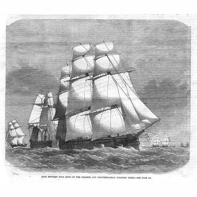 Rennen zwischen Schiffen des Mittelmeers & Kanalflotten - antiker Druck 1869