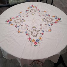 1950/60s Vintage 62" Hand Embroidered Tablecloth, Crochet  Floral Cross Stitch