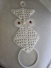 Crocheted Owl Towel Holder Wall Decor Handmade Retro 70s Kitsch