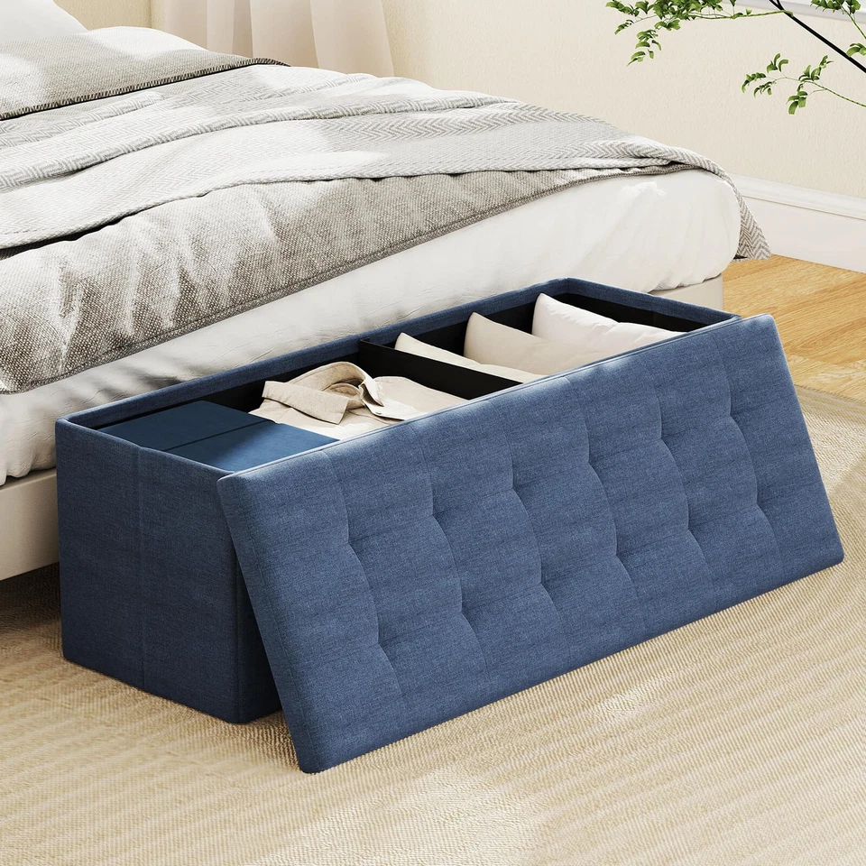 Fabric Folding Storage Ottoman Storage Chest W/Divider Bed End Bench Navy - Image 4 of 4