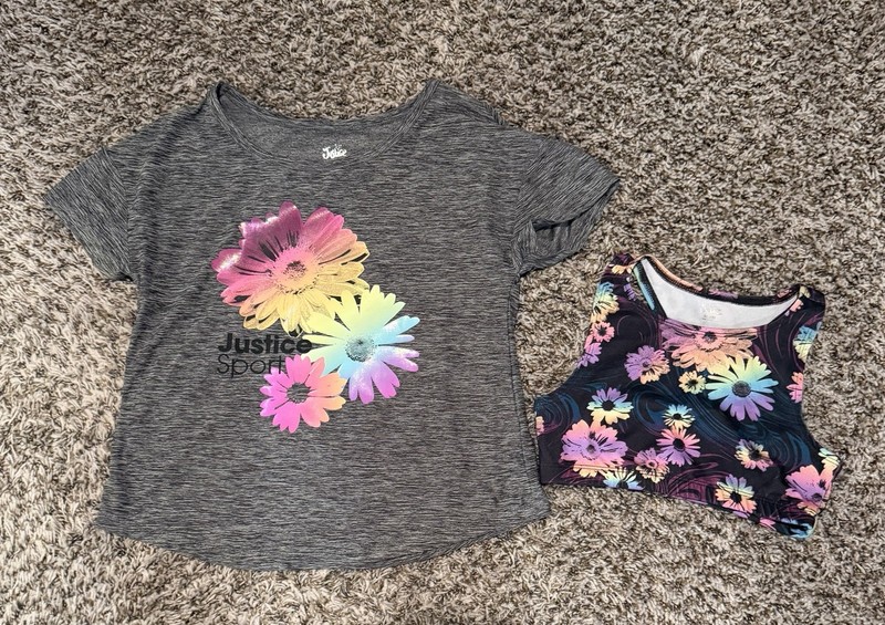 Justice Girls 2pc Outfit Set Size S 7/8 Gray Graphic Tee + Floral Sports Bra