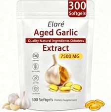 Elare Aged Garlic Extract, 300 Softgels, 7500mg Odorless | Heart & Immune pack 1