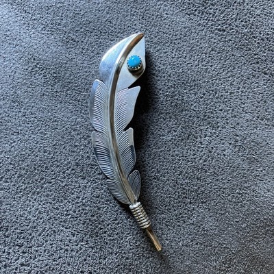 Vintage Navajo Indianer Türkis Feder Sterlingsilber Anstecknadel Brosche