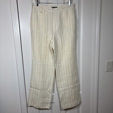 Vintage Ralph Lauren Linen Trousers 10 Ivory Black Stripe High Waist Wide Leg