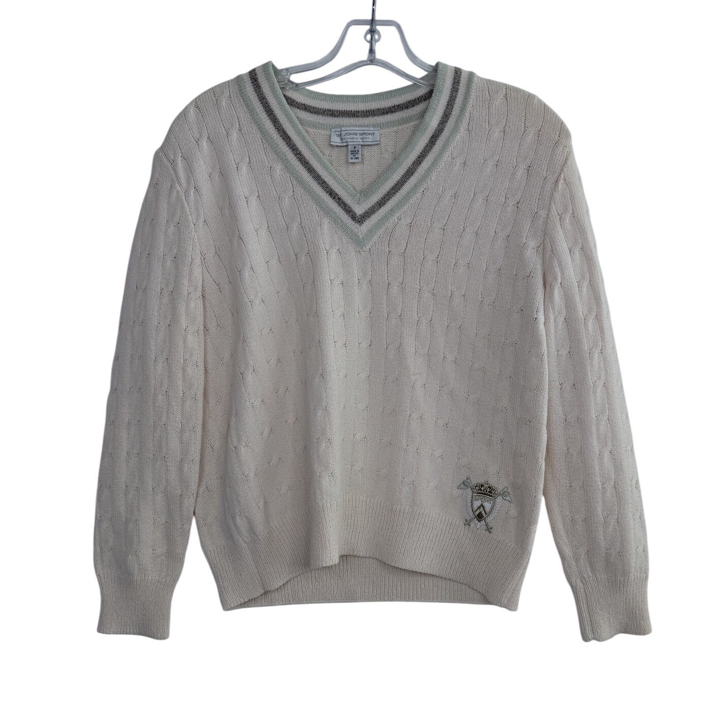 St John Sport by Marie Gray Cable Knit Tennis Sweater V Neck Women's Size P