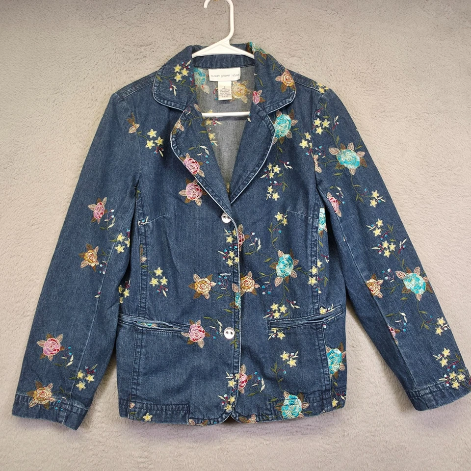 Susan Graver Denim Jacket Womens S Blue Rose Floral Embroidered Fairy Blazer - Image 2 of 4