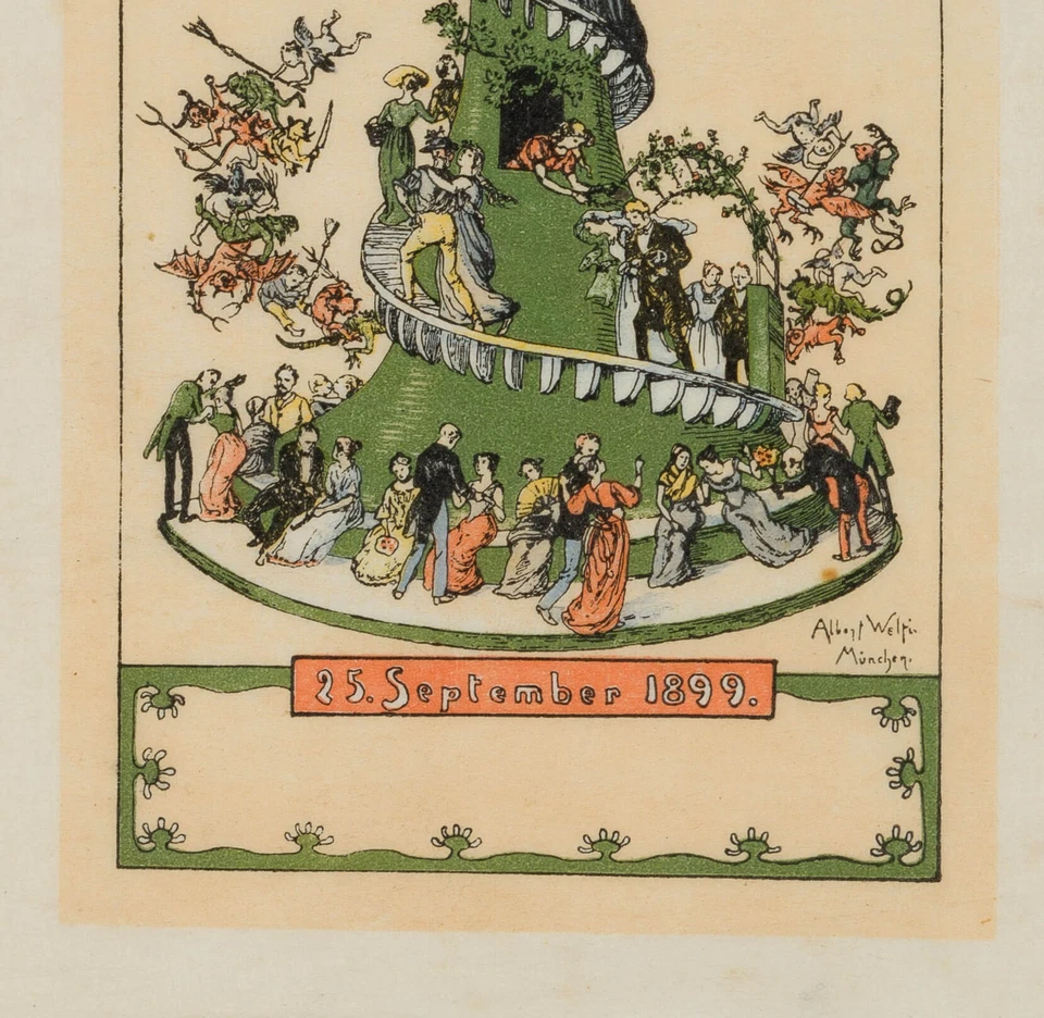 A. WELTI (1862-1912), Die Ehe-Leiter. Tischkarte, 1899, Holzschnitt Biedermeier - Bild 4 von 4